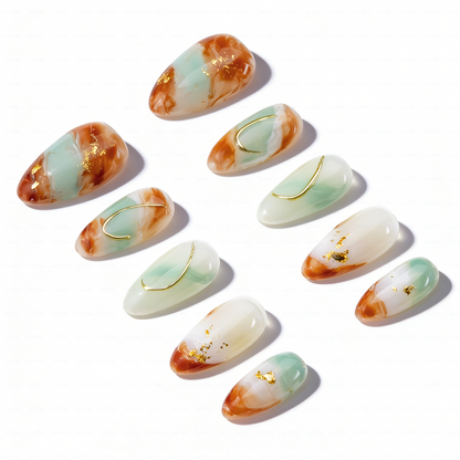 Jade Latte – Mint & Caramel Medium Almond Press-Ons with Marble Swirl & Gold Foil Accents