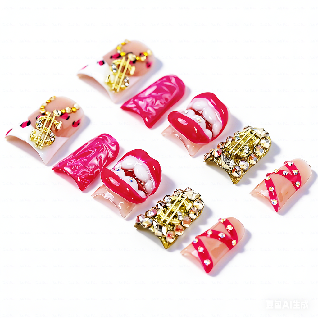 Baddie Lip – Hot Pink Short Duck Press-Ons with 3D Lip & Dollar Sign Charms