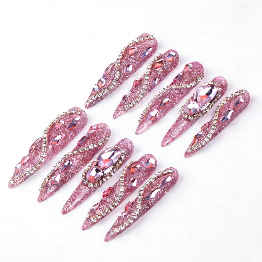 Pink Glitz Twist – Glitter Pink Stiletto Press-Ons with Rhinestone Swirls