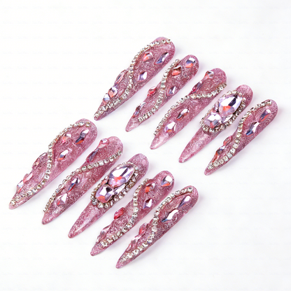 Pink Glitz Twist – Glitter Pink Stiletto Press-Ons with Rhinestone Swirls