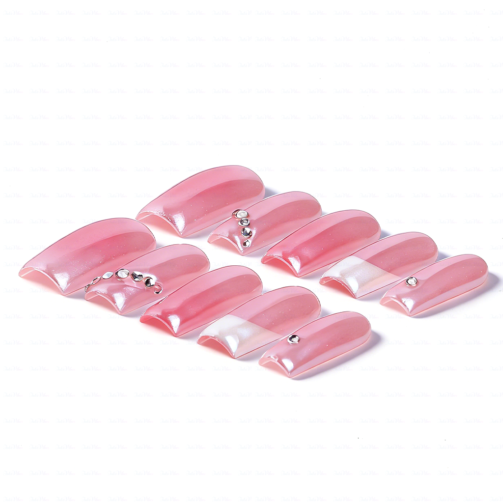 Aurora Blush – Pink & White Medium Square Press-Ons with Crystal Accents