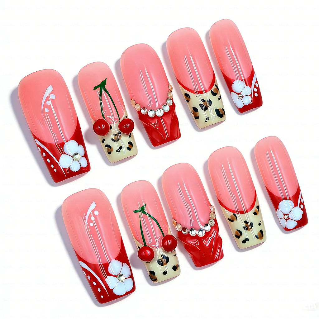 Cherry Leopard-Red & Nude Medium Square Press-Ons with 3D Cherry & Leopard Print Accents