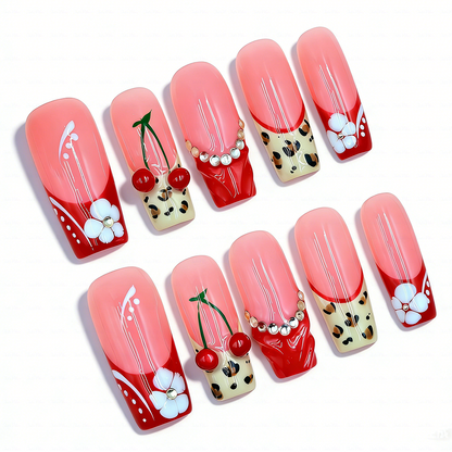 Cherry Leopard-Red & Nude Medium Square Press-Ons with 3D Cherry & Leopard Print Accents
