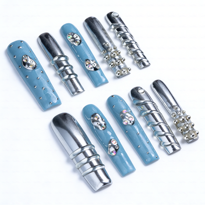 Chrome Frost – Slate Blue & Silver Long Square Press-Ons with Crystal Accents