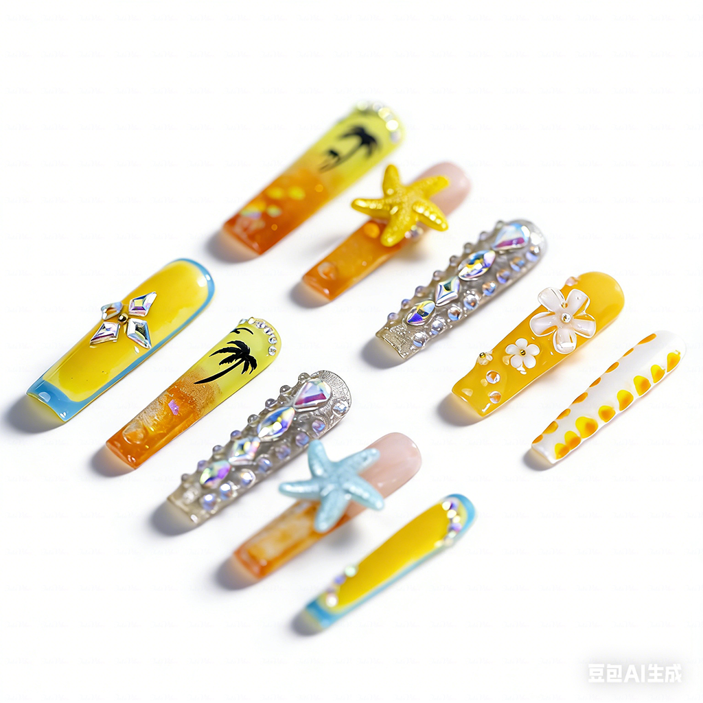 Sunset Beach-Orange & Yellow Long Square Water Press-Ons with 3D Starfish & Palm Tree Accents