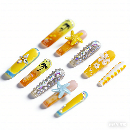 Sunset Beach-Orange & Yellow Long Square Water Press-Ons with 3D Starfish & Palm Tree Accents