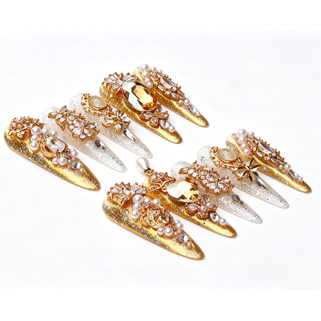 Made-to-Order | Champagne Regal Pearl – Gold & Ivory Glitter Long Stiletto Press-Ons with Pearl Gem Charms
