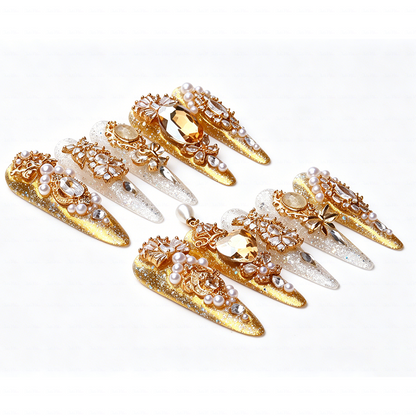 Made-to-Order | Champagne Regal Pearl – Gold & Ivory Glitter Long Stiletto Press-Ons with Pearl Gem Charms