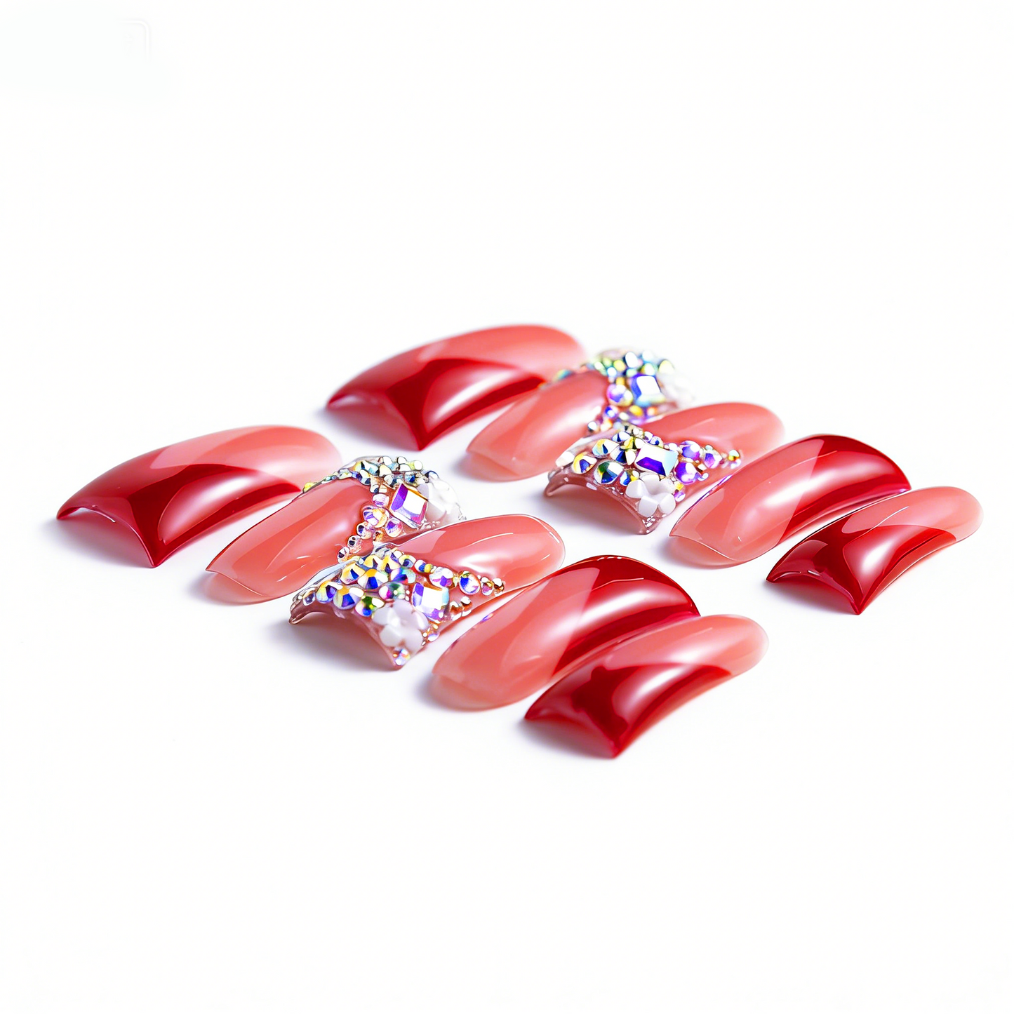 Ruby V French  Nude & Red Long Duck Press-Ons with Iridescent Rhinestone Accents