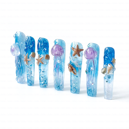 Ocean Whisper - Ocean Blue Long Coffin Press-Ons with Jellyfish & Starfish Charms
