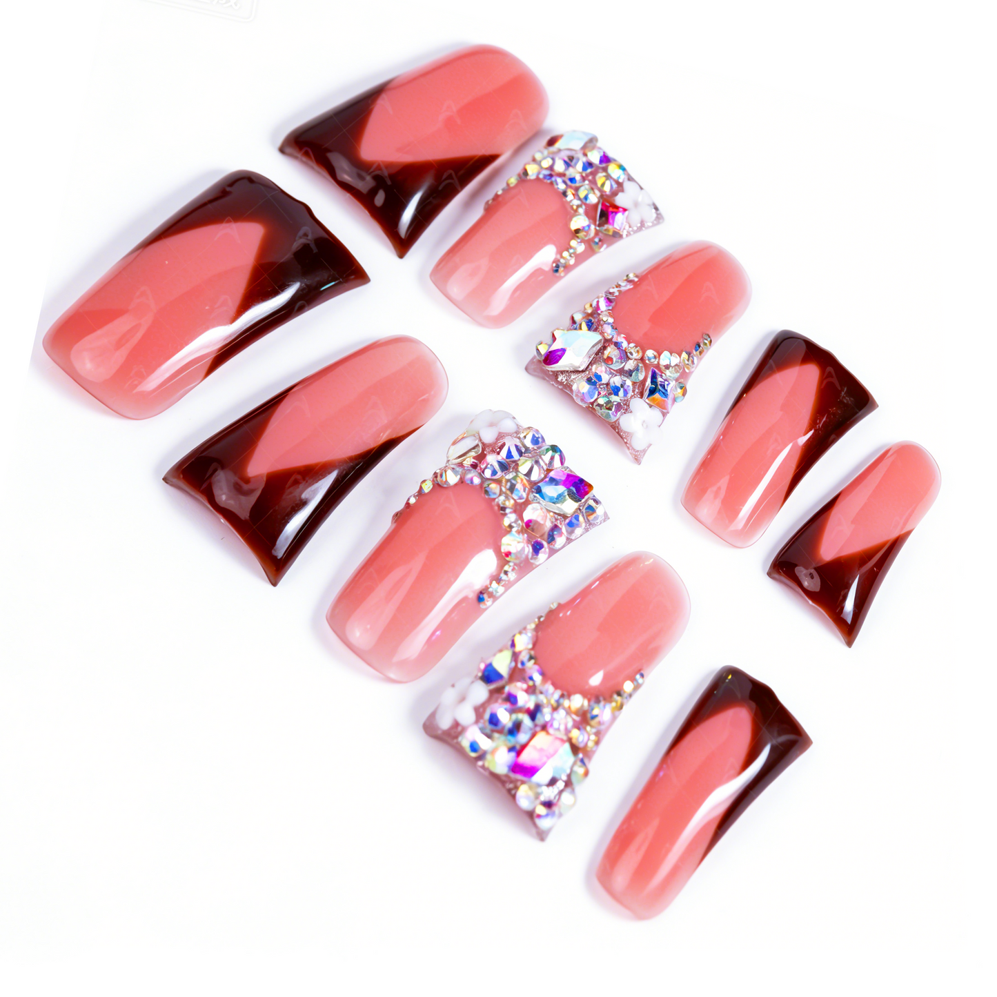Chocolate V French – Nude & Brown Long Duck Press-Ons with Iridescent Rhinestone Accents