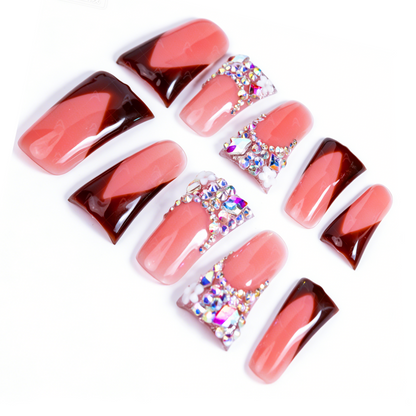 Chocolate V French – Nude & Brown Long Duck Press-Ons with Iridescent Rhinestone Accents
