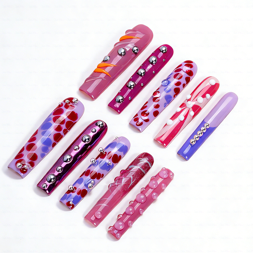 Pink Pop Art – Multi-Tone Long Square Press-Ons with 3D Dot & Stud Accents