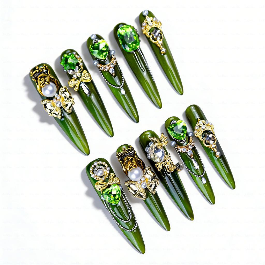 Emerald Royale – Deep Forest Green Long Stiletto Press-Ons with Emerald Gems, Gold Crown & Bow Charms
