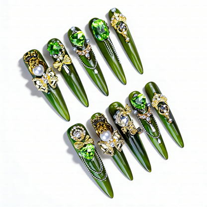 Emerald Royale – Deep Forest Green Long Stiletto Press-Ons with Emerald Gems, Gold Crown & Bow Charms