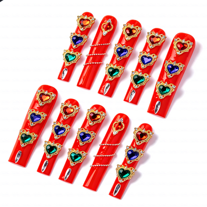 Royal Heart – Bright Red Long Square Press-Ons with Multi-Color Heart Gem & Gold Accents