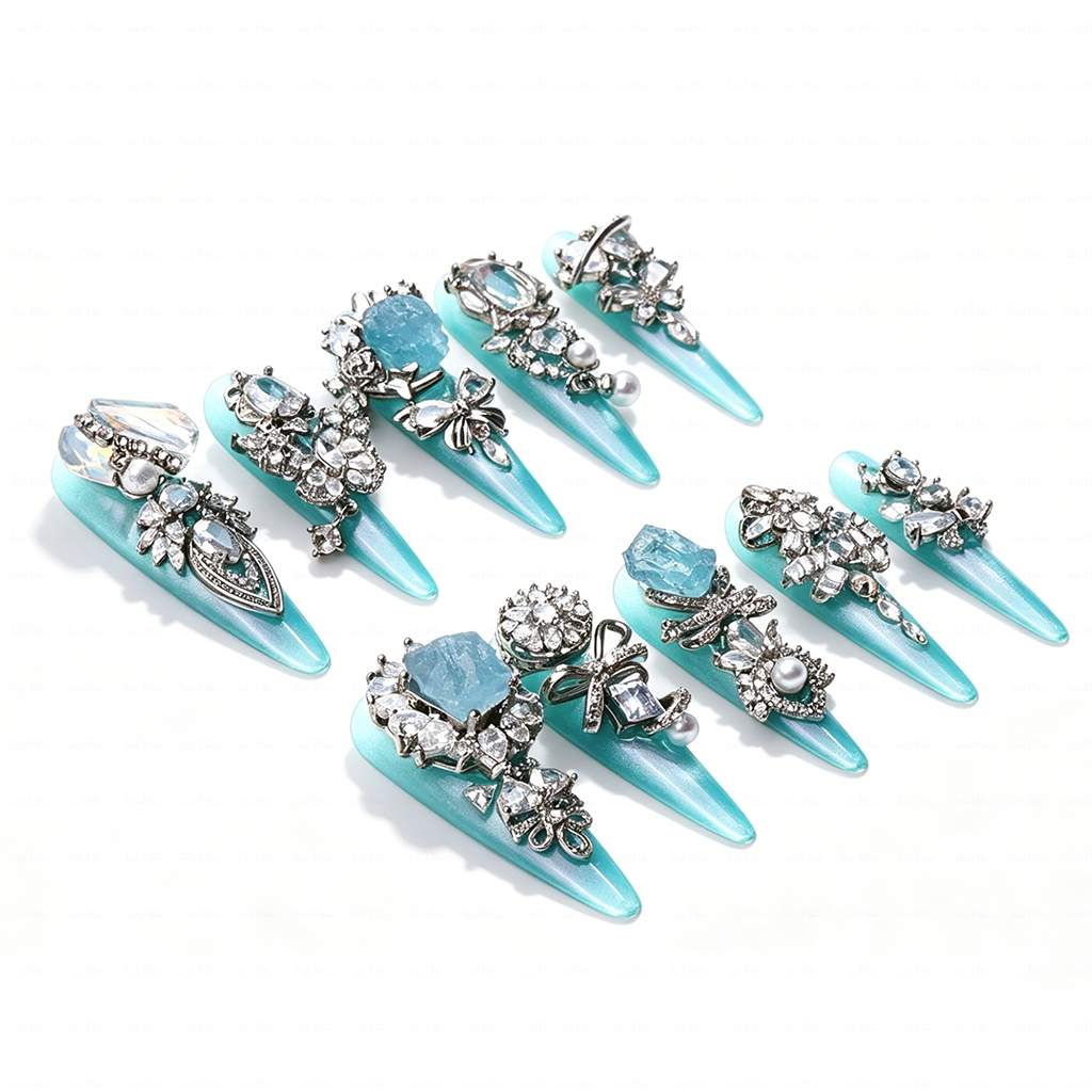 Made-to-Order | Aqua Crystal Princess – Turquoise Glossy Long Stiletto Press-Ons with Silver Rhinestone