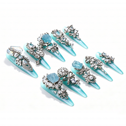 Made-to-Order | Aqua Crystal Princess – Turquoise Glossy Long Stiletto Press-Ons with Silver Rhinestone