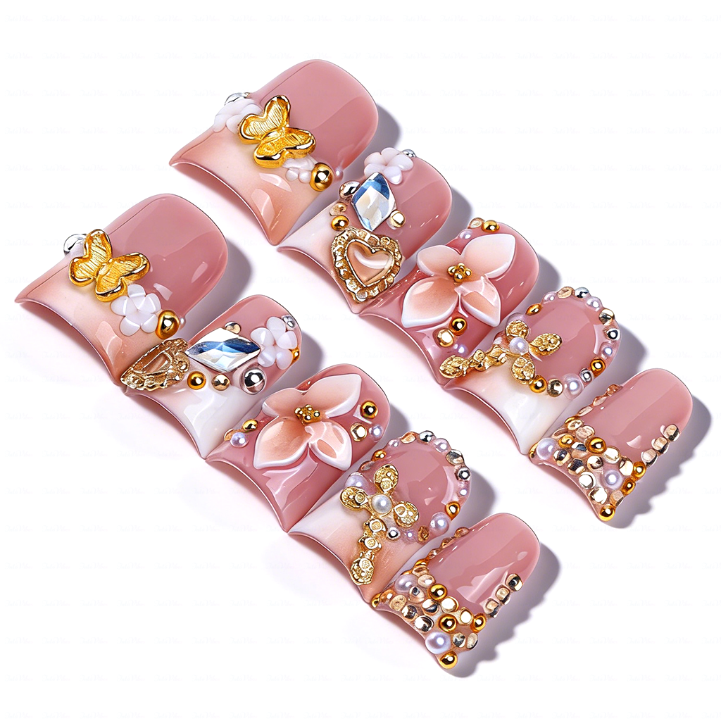 Butterfly Bloom-Nude Pink Short Duck Press-Ons with 3D Floral & Gold Butterfly Charms