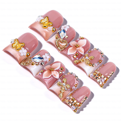 Butterfly Bloom-Nude Pink Short Duck Press-Ons with 3D Floral & Gold Butterfly Charms