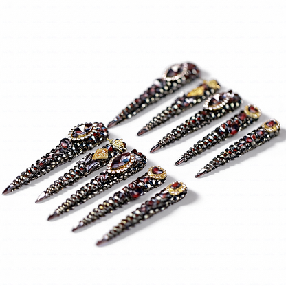 Noir Bling – Gunmetal Black Long Stiletto Press-Ons with Full Rhinestone & Vintage Gold Accents