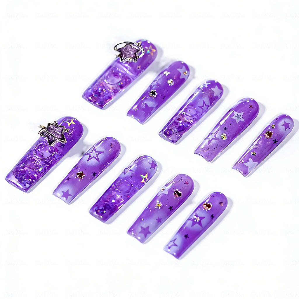 Purple Starry Quicksand  Lavender Long Square Water Press-Ons with 3D Star Charms