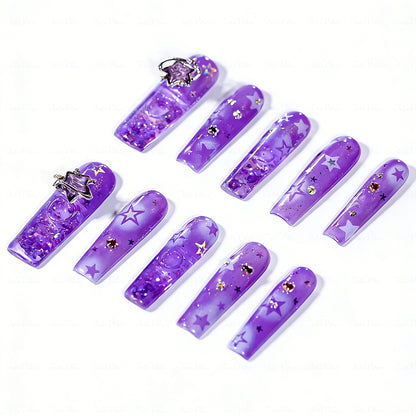 Purple Starry Quicksand  Lavender Long Square Water Press-Ons with 3D Star Charms