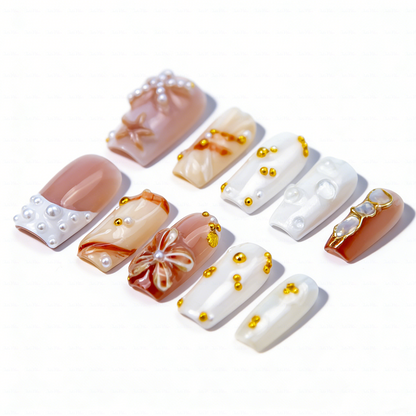 Coastal Pearl – Nude White Short Square Press-Ons with 3D Starfish & Seashell Accents