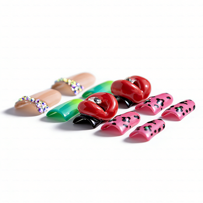 Lip Pop-Multi-Color Short Duck Press-Ons with 3D Lip & Rhinestone Accents
