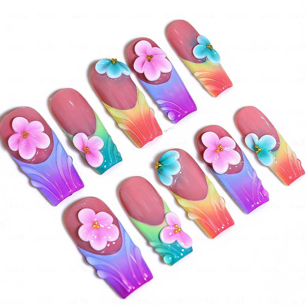 Rainbow Fairy Floral – Nude & Rainbow Medium Square Press-Ons with 3D Flower Charms