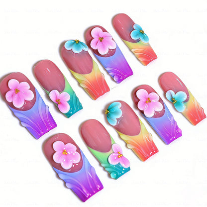Rainbow Fairy Floral – Nude & Rainbow Medium Square Press-Ons with 3D Flower Charms