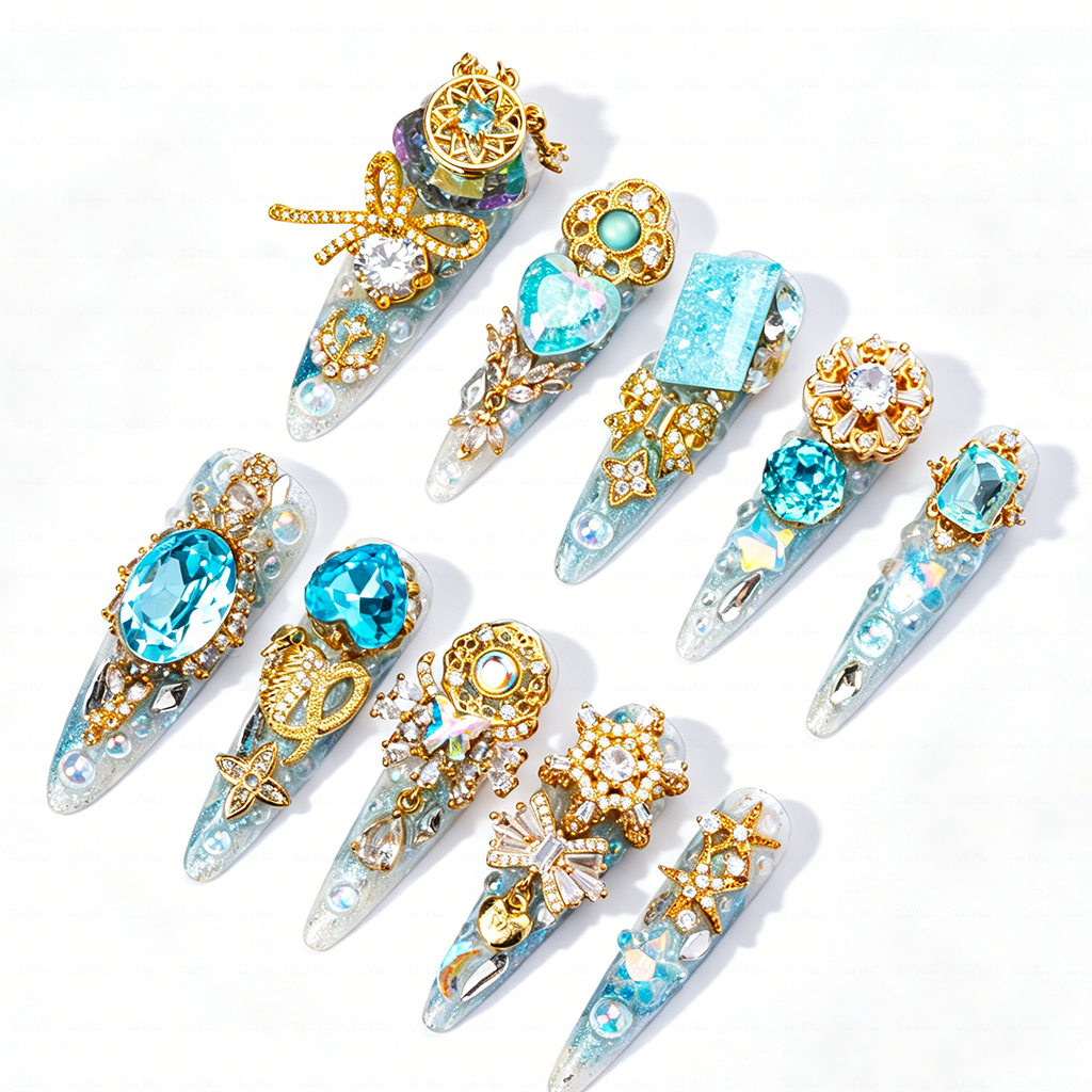 Made-to-Order | Icy Celestial Princess – Iridescent White & Aqua Long Stiletto Press-Ons with Gold Gem Charms
