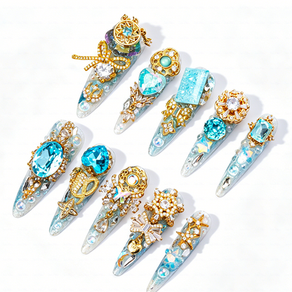 Made-to-Order | Icy Celestial Princess – Iridescent White & Aqua Long Stiletto Press-Ons with Gold Gem Charms