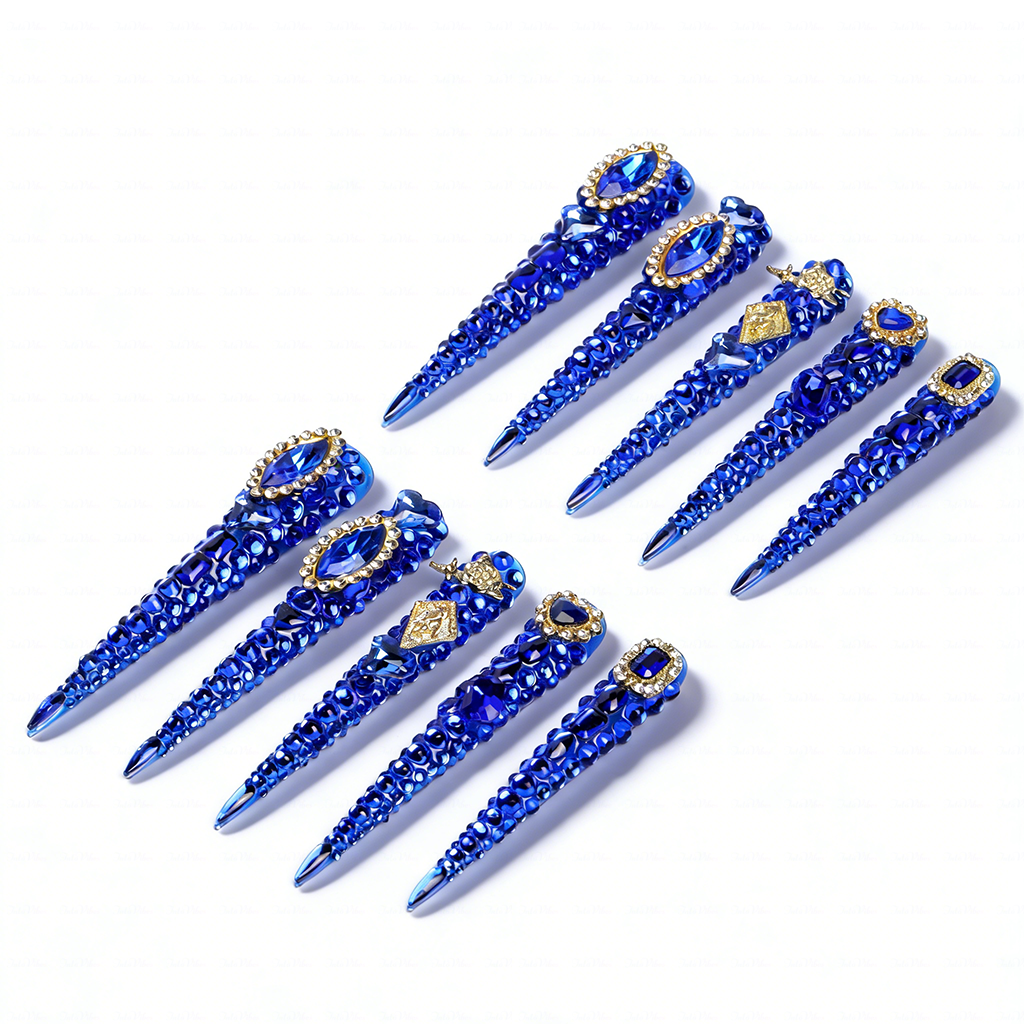 Sapphire Bling-Royal Blue Extra Long Stiletto Press-Ons with Full Rhinestone Encrusted Design