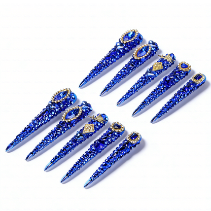 Sapphire Bling-Royal Blue Extra Long Stiletto Press-Ons with Full Rhinestone Encrusted Design