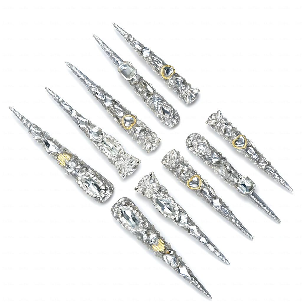Diamond Spike – Silver Glitter Stiletto Press-Ons with Full Rhinestone Coverage
