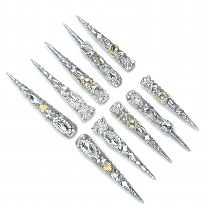 Diamond Spike – Silver Glitter Stiletto Press-Ons with Full Rhinestone Coverage