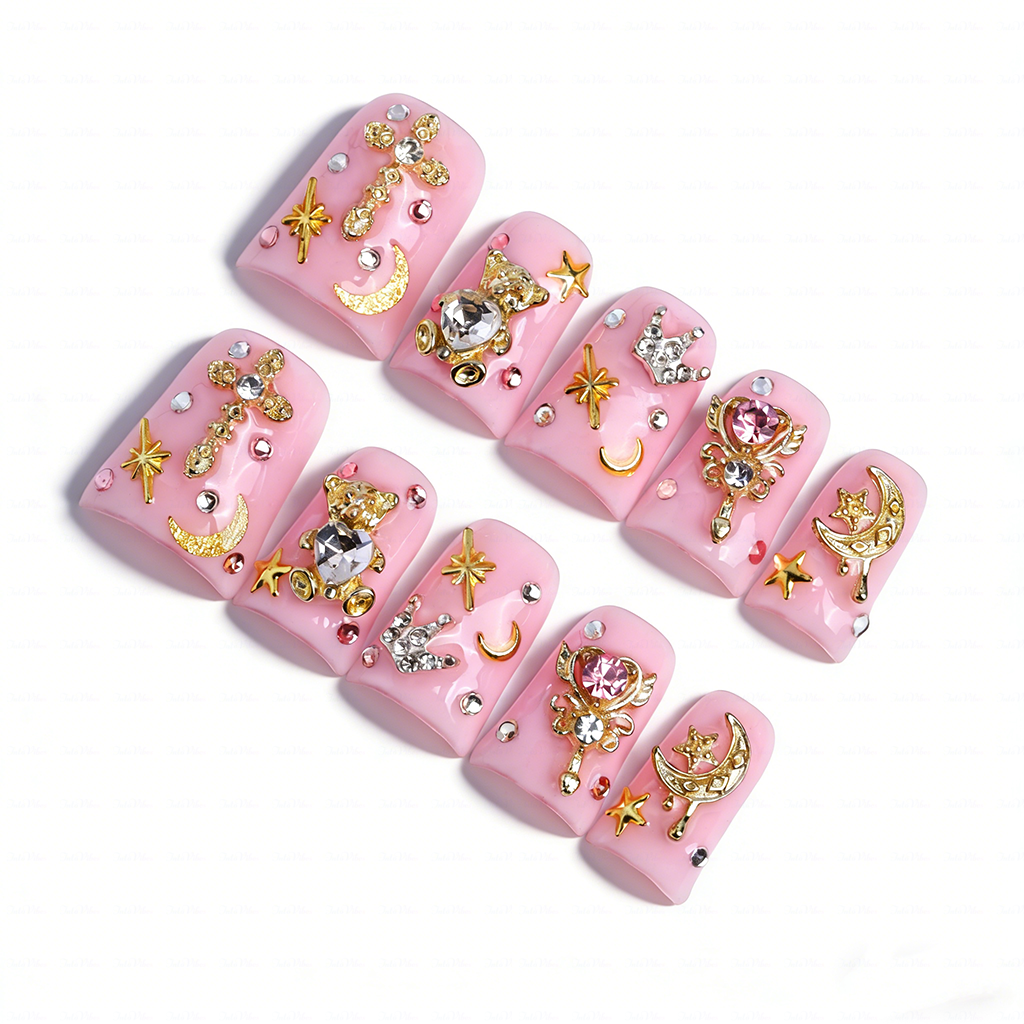 Magic Babe-Baby Pink Short Duck Press-Ons with 3D Bear & Magic Wand Charms