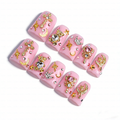 Magic Babe-Baby Pink Short Duck Press-Ons with 3D Bear & Magic Wand Charms