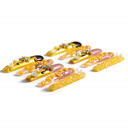 Honey Bee-Bright Yellow Long Square Press-Ons with 3D Bee & Chocolate Drip Accents