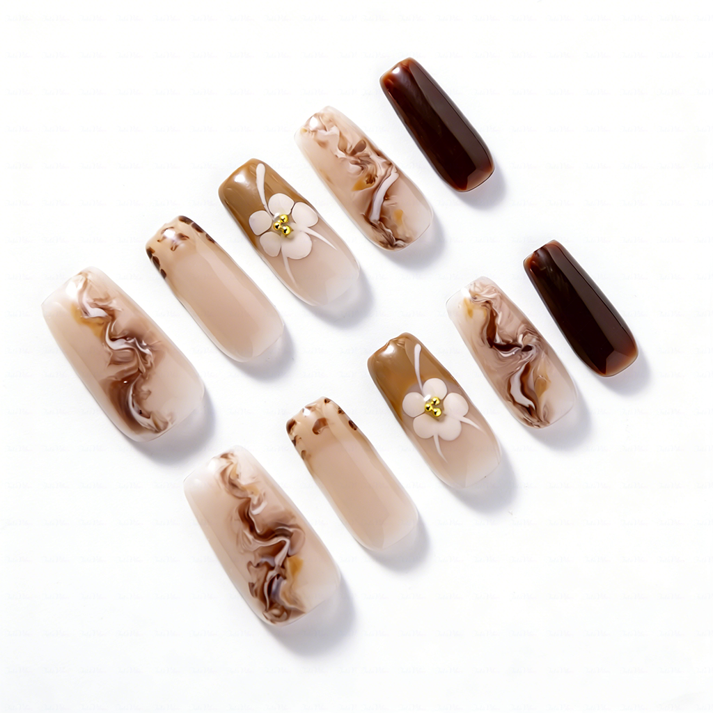Latte Swirl – Nude Brown Medium Square Press-Ons with Marble Swirl & 3D Floral Accents