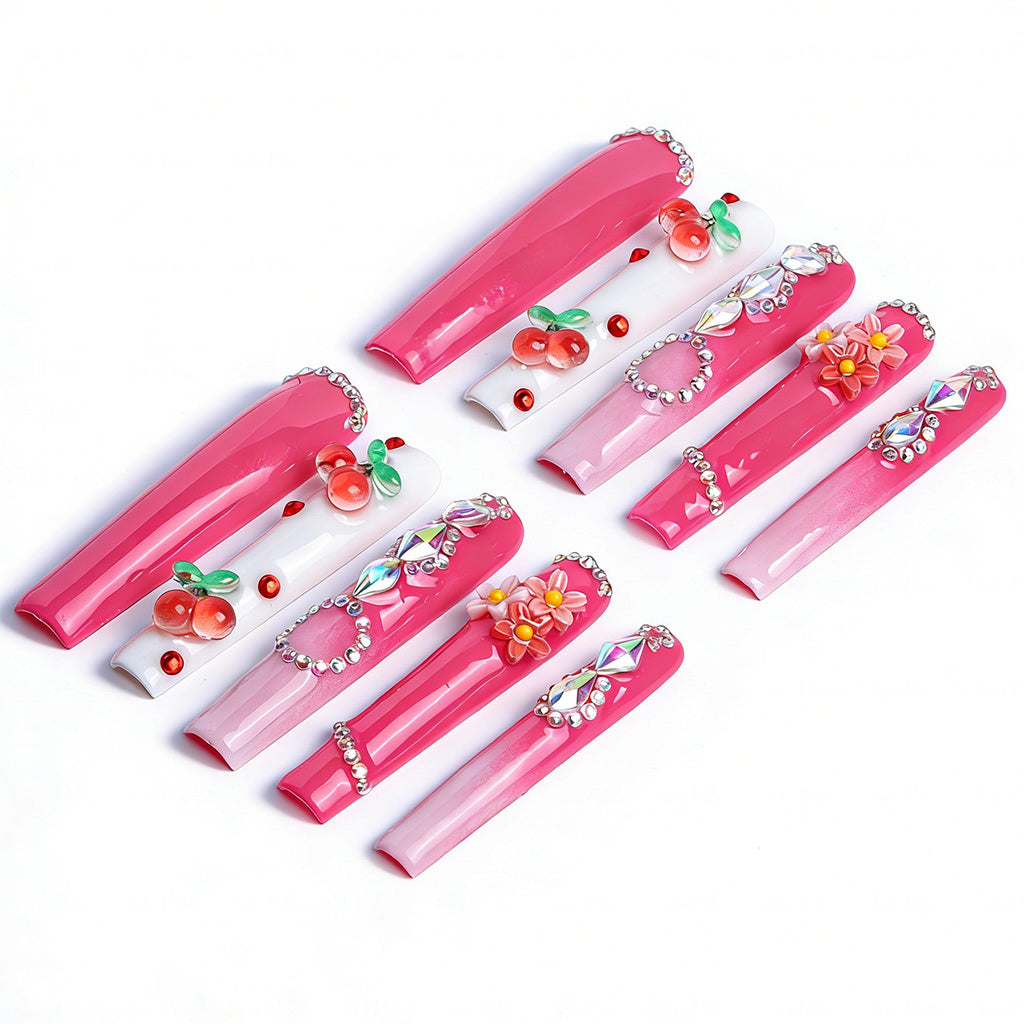 Cherry Blossom  Hot Pink Long Square Press-Ons with 3D Cherry & Flower Charms