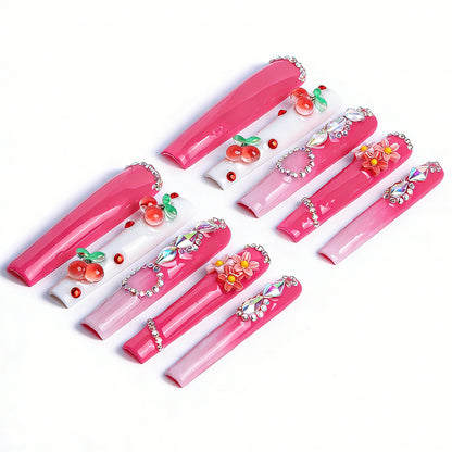 Cherry Blossom  Hot Pink Long Square Press-Ons with 3D Cherry & Flower Charms