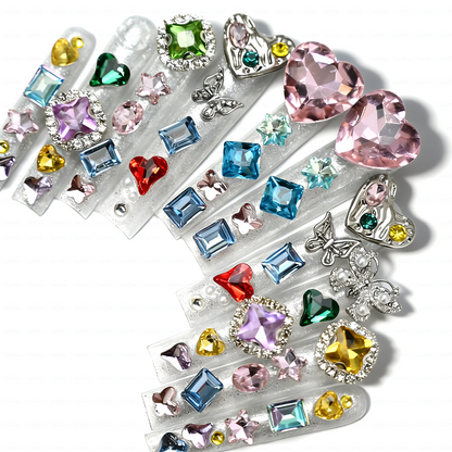 Rainbow Gem-Silver Long Square Press-Ons with Multi-Color Heart & Butterfly Rhinestone Accents