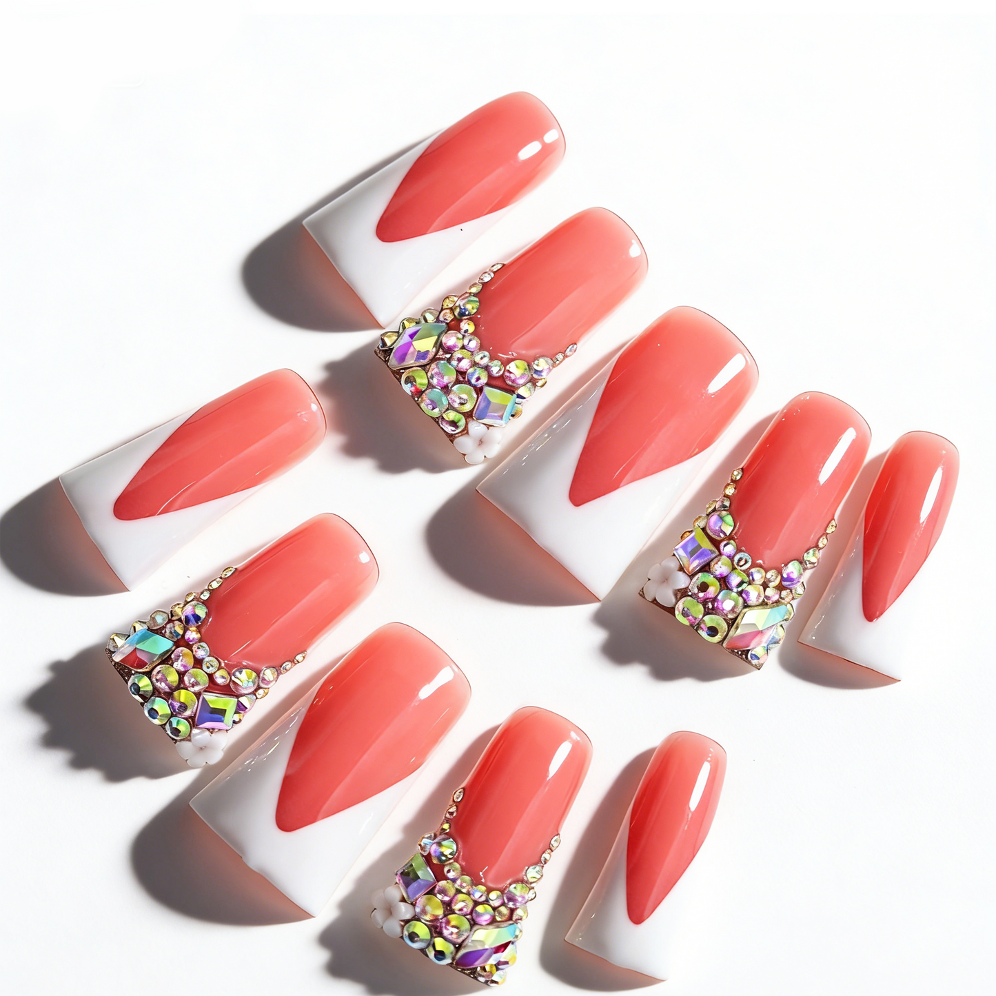White V French – Nude & White Long Duck Press-Ons with Iridescent Rhinestone Accents