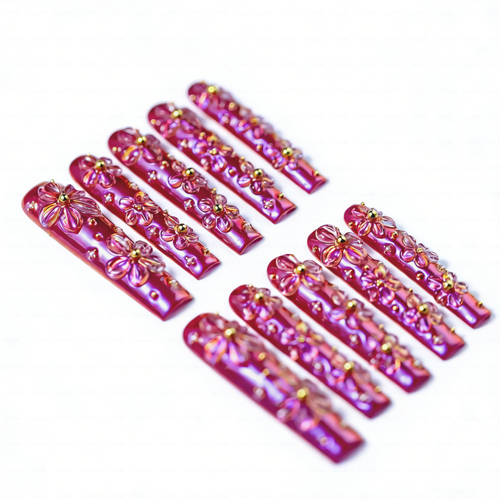 Bloom Aurora – Iridescent Purple Long Square Press-Ons with 3D Floral Charms