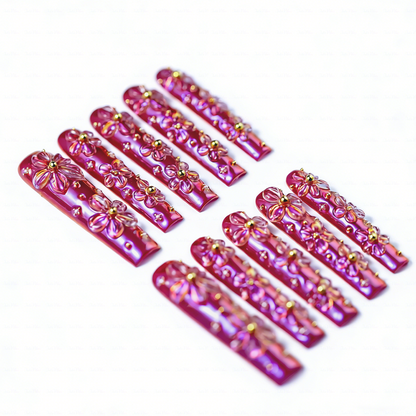 Bloom Aurora – Iridescent Purple Long Square Press-Ons with 3D Floral Charms