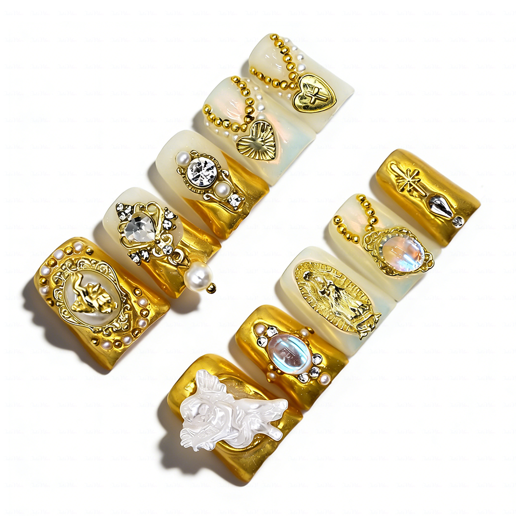 Baroque Angel – Gold & Milky White Short Duck Press-Ons with 3D Angel & Virgin Mary Charms