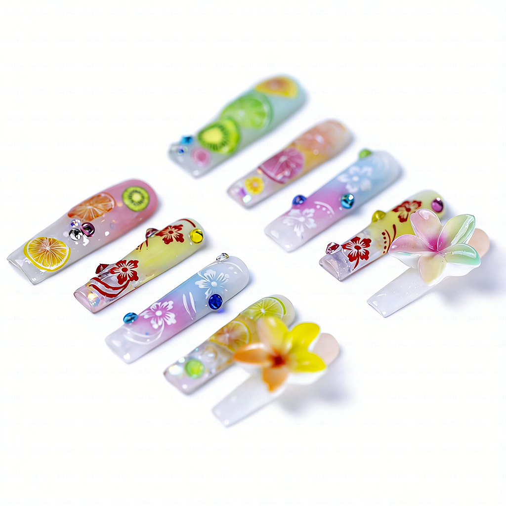 Tropical Fruit-Pastel Multi-Color Long Square Water Press-Ons with Hand-Painted Fruit & 3D Floral Accents