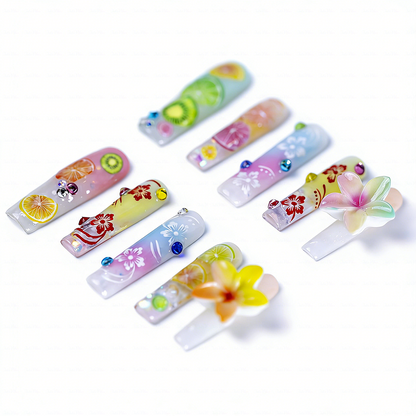 Tropical Fruit-Pastel Multi-Color Long Square Water Press-Ons with Hand-Painted Fruit & 3D Floral Accents